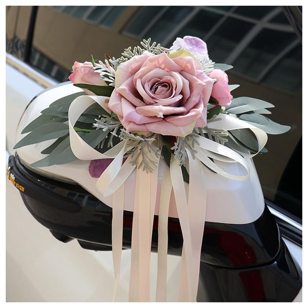 Hochzeit Autoschleifen Künstliche Blume Autoschmuck Rückspiegel Türgriff Rose-Blume-Schleife Dekoration Hochzeit Stuhl Deko Hochzeitsauto Schmuck für Hochzeitsschmuck Party Creme-Pulver 6 Stück