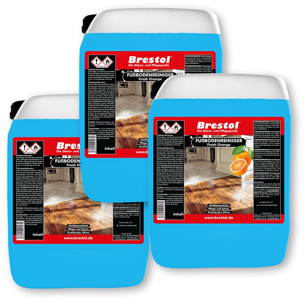 Limpiador de suelo Fresh Orange 3 x 5 litros, limpiador concentrado con agradable aroma a naranja para azulejos, laminado, parqué, piedra, PVC, linóleo, etc.