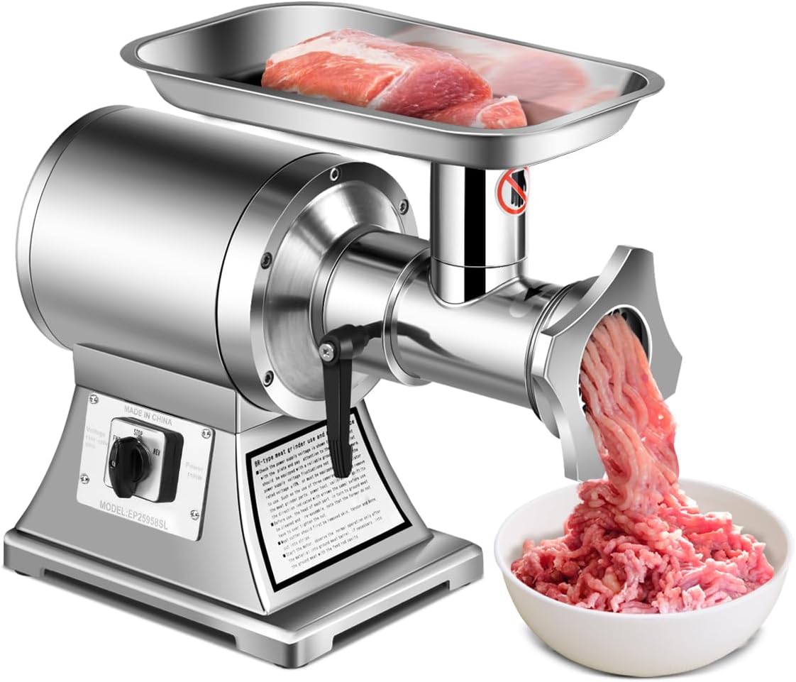 Tangkula Commercial Meat Grinder, 1.5 HP, 1100W, 551LB/h Stainless Steel Electric Sausage Stuffer, 225RPM Heavy Duty Industrial Meat Mincer w/2 Blades, Grinding Plates & Stuffing Tubes