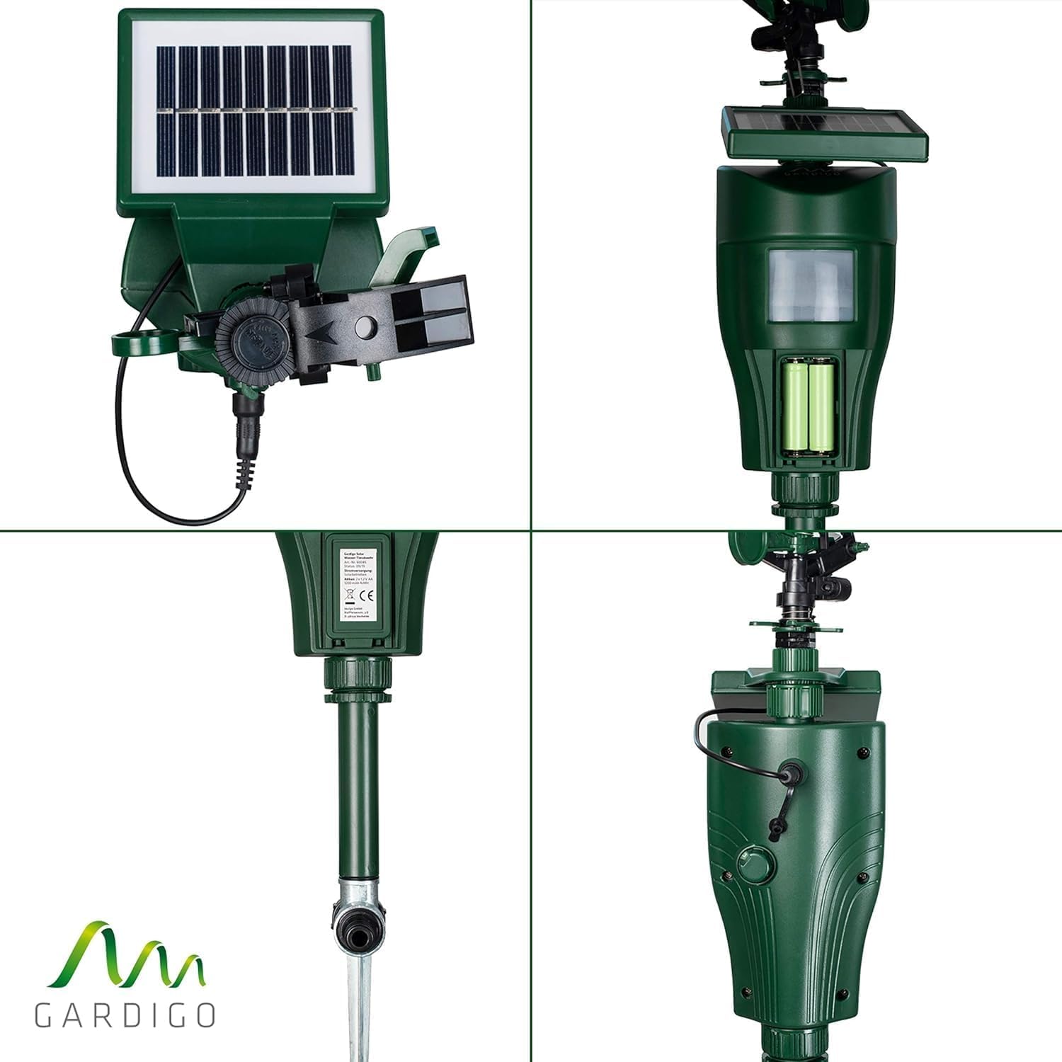Gardigo® Ahuyentador Gatos Solar con Rociador, Espantapajaros Exterior, Aspersor de Agua Espanta Animales Sensor Movimiento, Ahuyentador Palomas, Repelente Perros, Repelente Gatos | Alcance 10 m