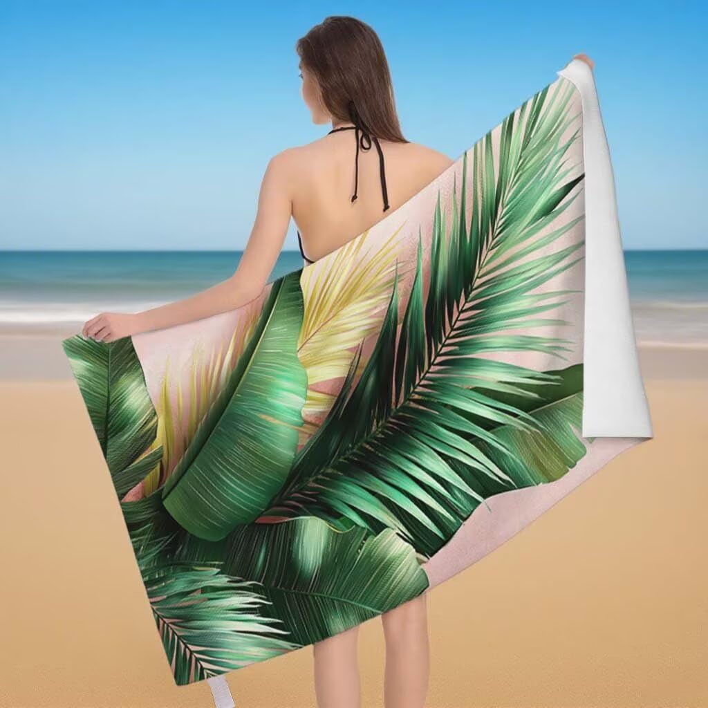 Telo Mare XXL 220x100cm/35x70cm, 2 Set Telo Mare Microfibra Foglie Asciugamano Palestra Uomo, Antisabbia, Leggero, Asciugatura Rapida, Teli da Spiaggia Grandi Accessori per Camping Natation Yoga F-64