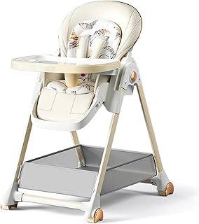 Baby High Chair Toddler Feeding Dining Chair with 6 Adjustable Heights and 3 Reclining Positions Multifunctional Foldable Convertible with Detachable Double Trays and Wheels (808 White)