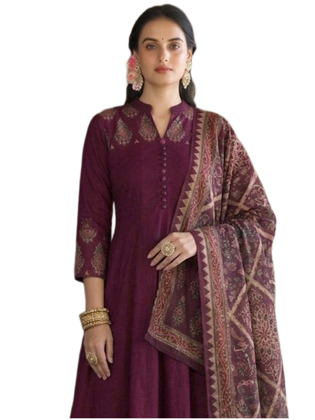 ANNI Designer Ensemble kurta pour femme avec imprimé en viscose | Ensemble kurti pour femme | Anarkali Kurta Pantalon Dupatta 3 pièces | Col en V, manches 3/4, coupe régulière, vêtements ethniques