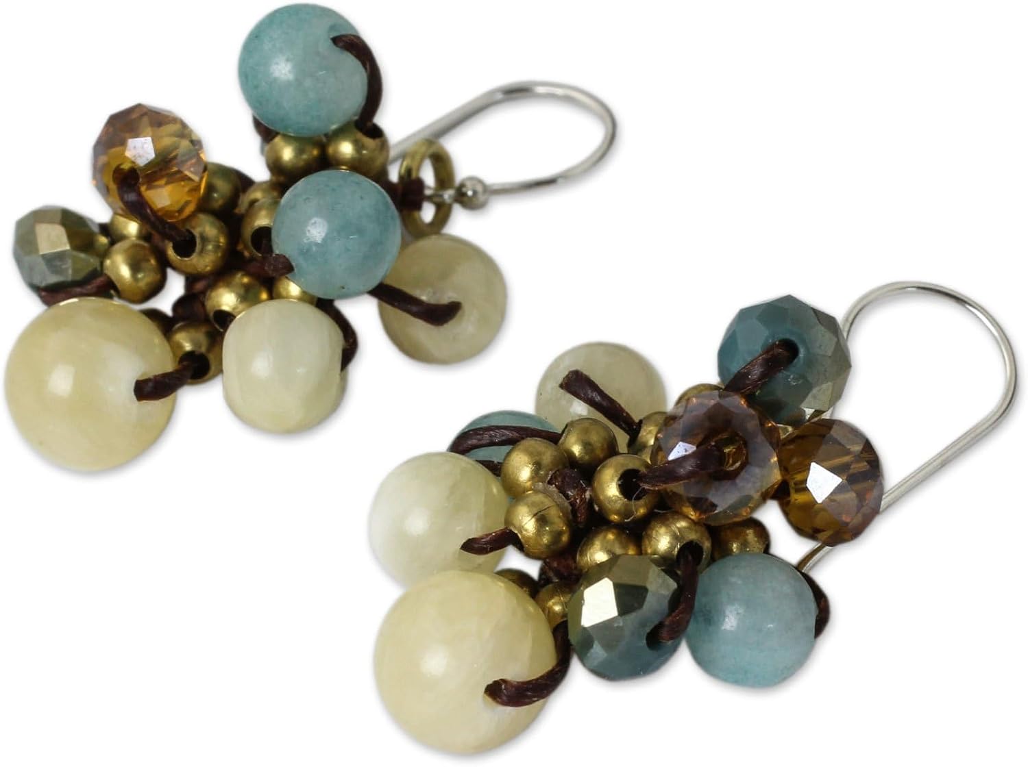 NOVICA Artisan Handknotted Beaded Earrings Yellow Blue Quartz by Sterling Silver Glass Brass Cluster Thailand Biscay Bay Birthstone [1.6 in L x 0.8 in W] ' Azure Cattlelaya'