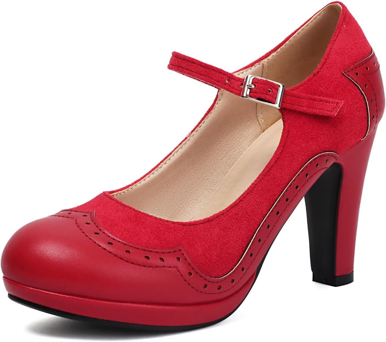 Women's Mary Jane Wingtip Classic and Retro 1920s Pump Heels Oxford Pattern Vintage Round Closed Toe 1950s Ankle Strap Dress Shoes