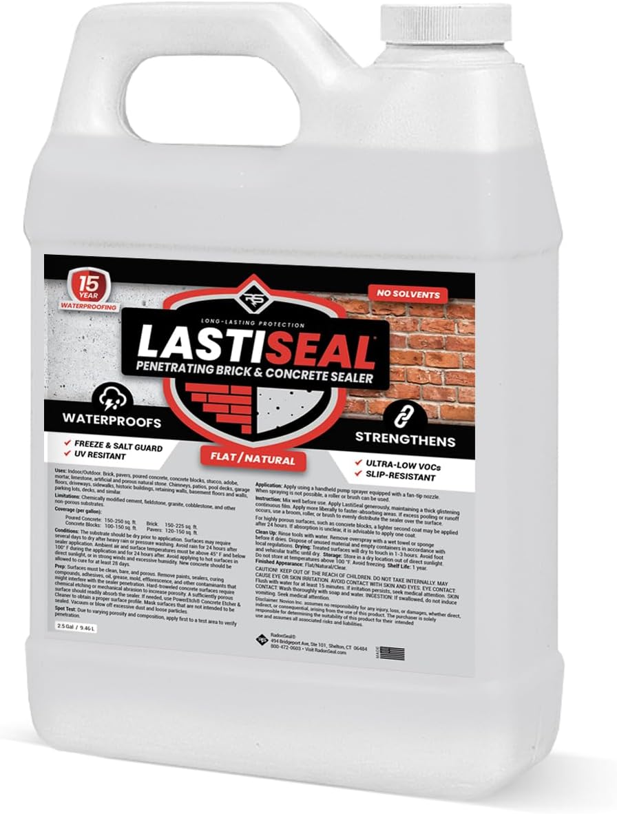 LastiSeal Brick & Concrete Sealer – Deep-Penetrating Sealer that Strengthens Surfaces – Water-Resistant Protection for Brick, Concrete & Pavers – Interior & Exterior Use – Flat/Natural (2.5 Gallon)