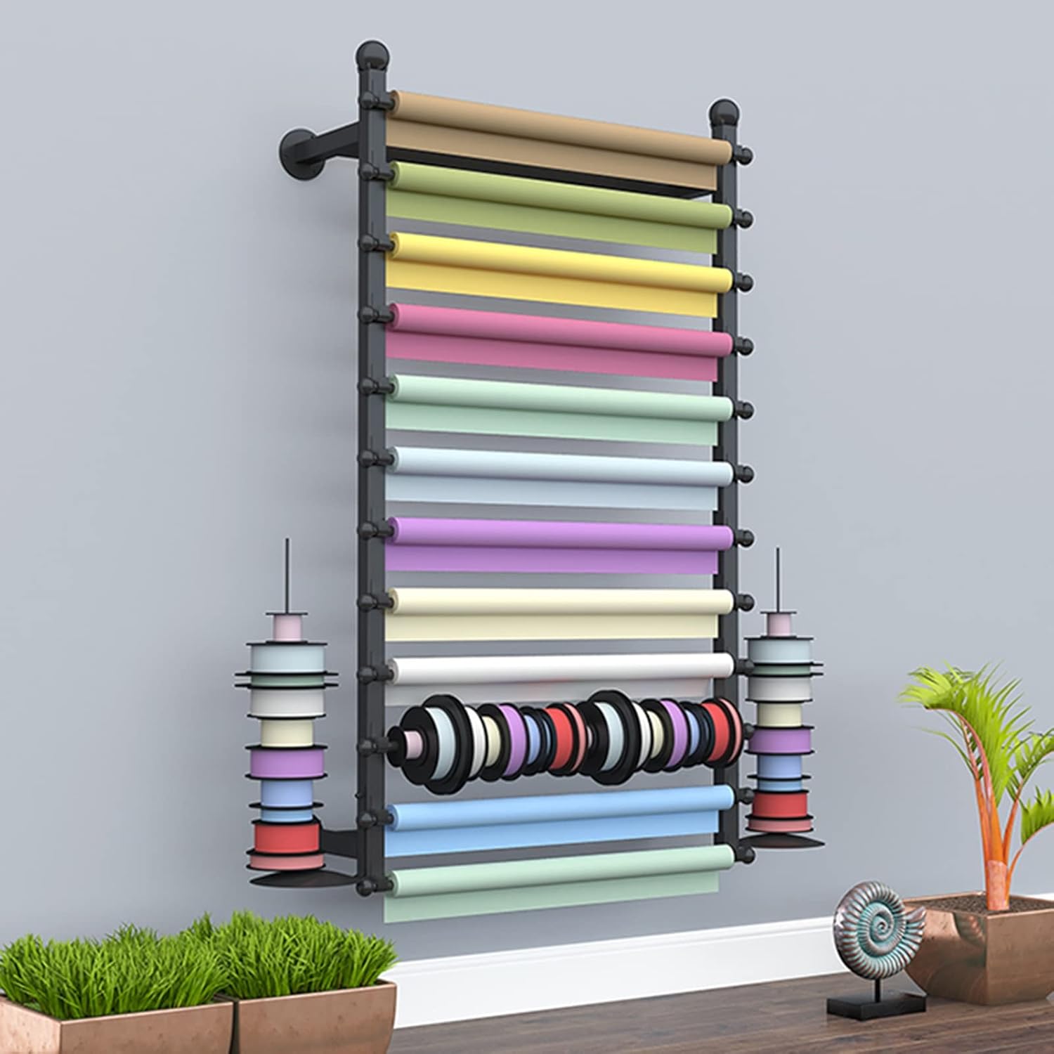 Wall Hanging Silm Ribbon Rack,Space Saver Metal Scarf Stand Organizer, Wrapping Paper Storage Holder, for Sheets Belt Tie Shawl Clothes(Black,100x120cm/39.4x47.2inch)