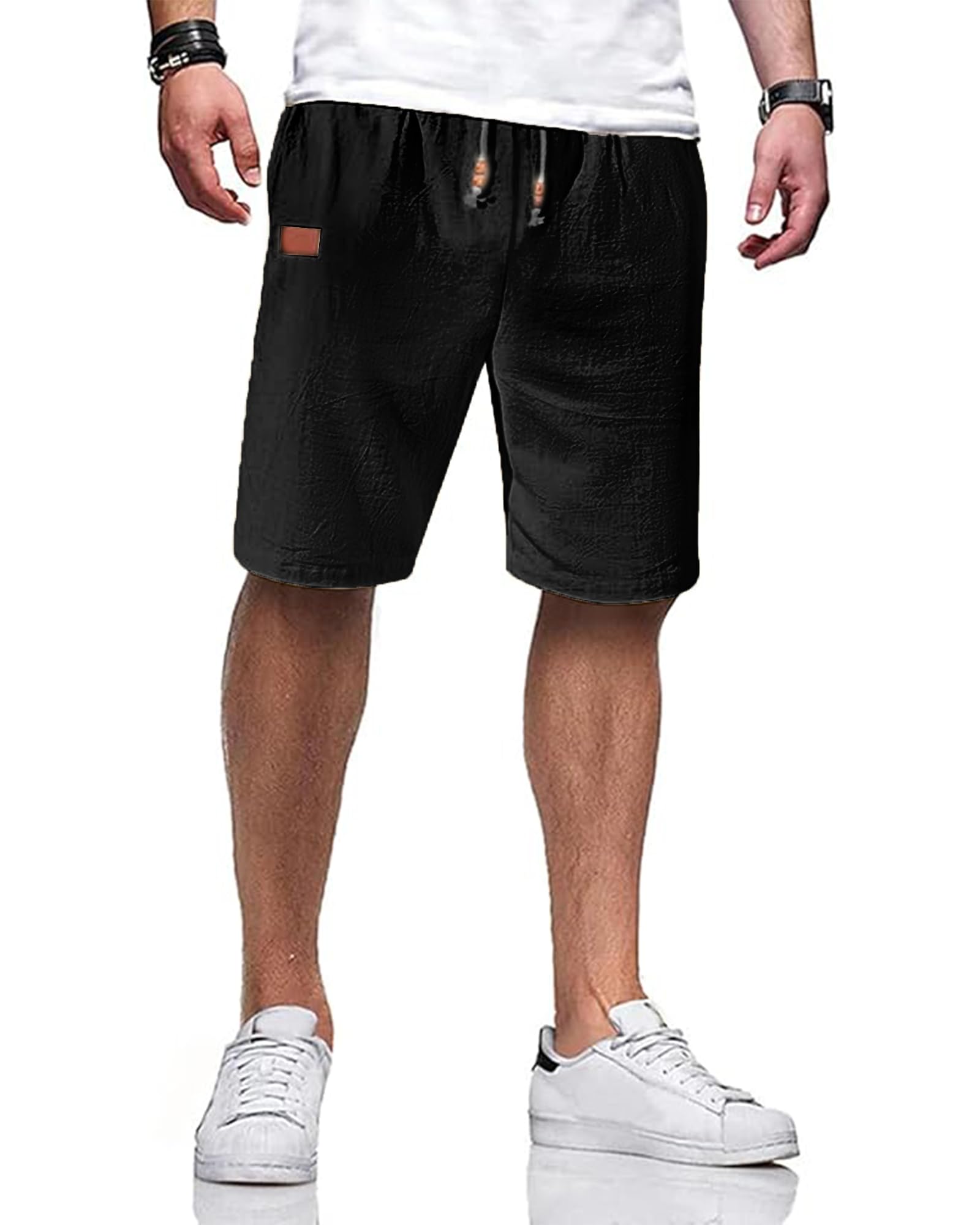 JESDM Kurze Hosen Herren Baumwolle Leinen mit Gummizug Freizeithose Casual Shorts Sommer Leicht mit Taschen M-3XL