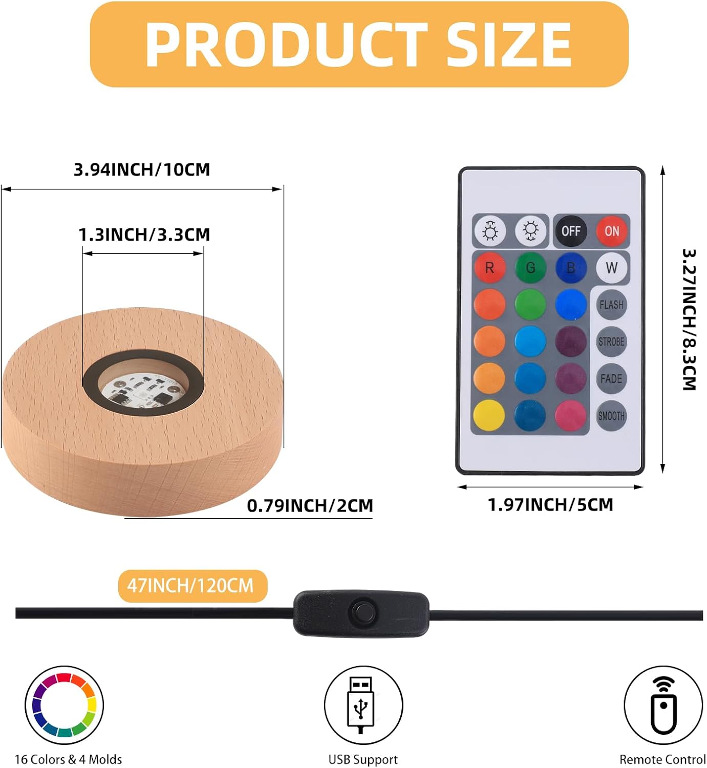 4 inch LED Light Base Display Base Round Lighted Display Stand,16 Colored USB Light Table Light Base Wood Crystal Light Glass Art Table Centerpiece with Remote Control (4"-Round 6 Piece)