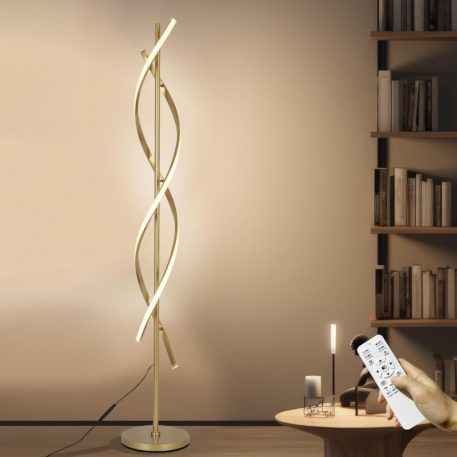 DNA 61" Tall Lamp with Dimmable Rmoete Control,Gold Spiral Beside Corner Modern Floor Lamp for Bedroom,3 Color Temperatures Lamp Standing Lamp for Living Room,Dining Room(Gold)