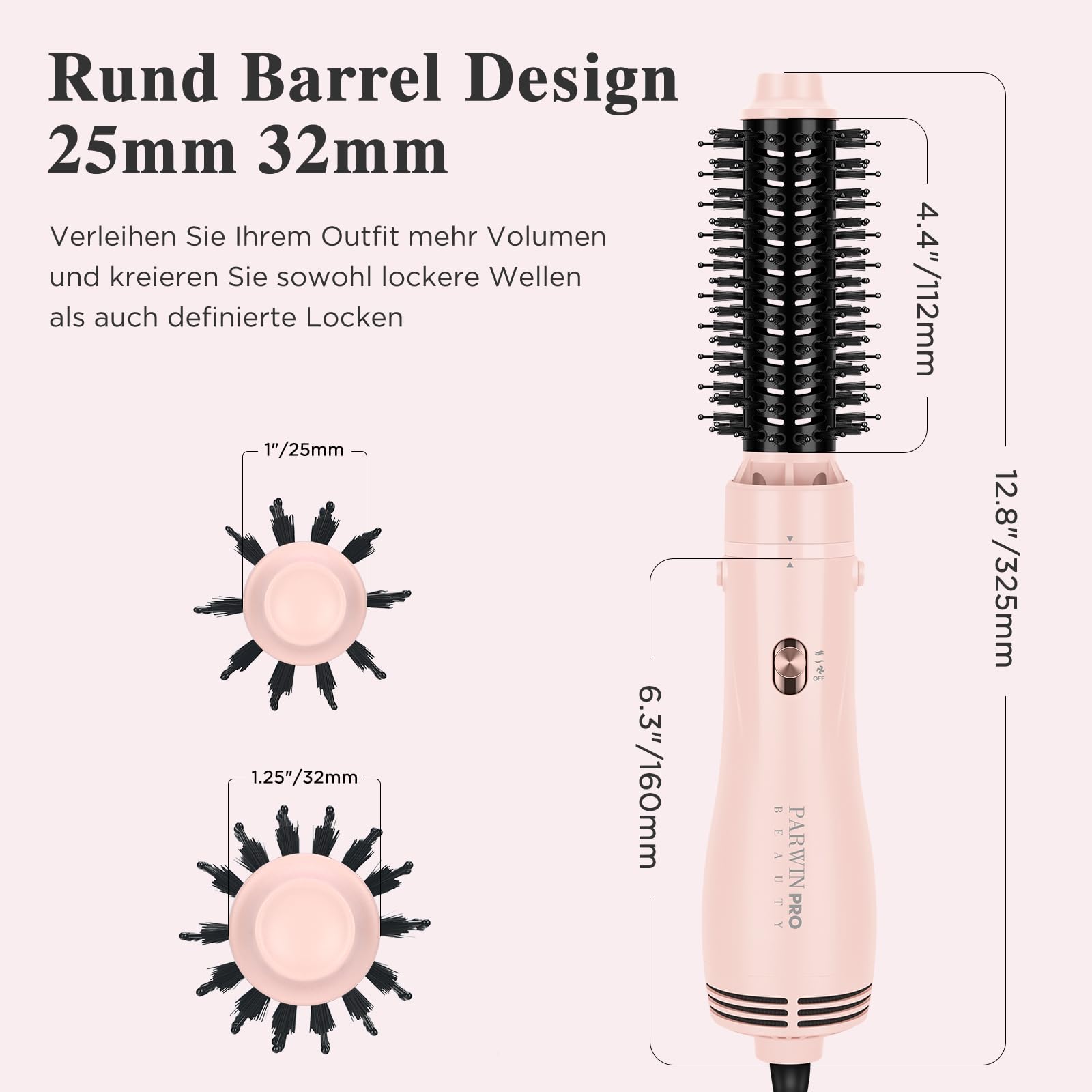 PARWIN PRO BEAUTY 4 in 1 Warmluftbürste, Hairstyler, Föhnbürste | Stylen in One Step, Schnelles Volumen, Locken, Glätten, 3 Temperaturen, Keramik, Ionen Pflege, 1100 Watt, Rosa