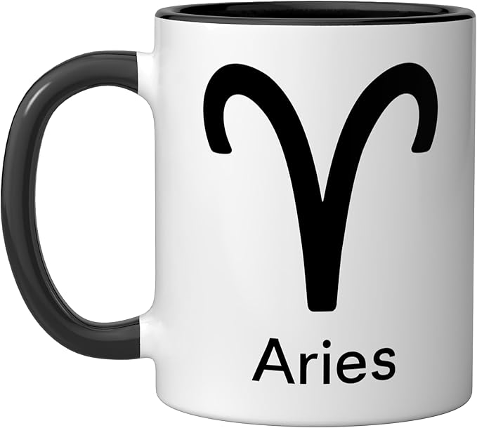 Aries Zodiac Symbol White Minimal Sign Ceramic Mug, Black/White