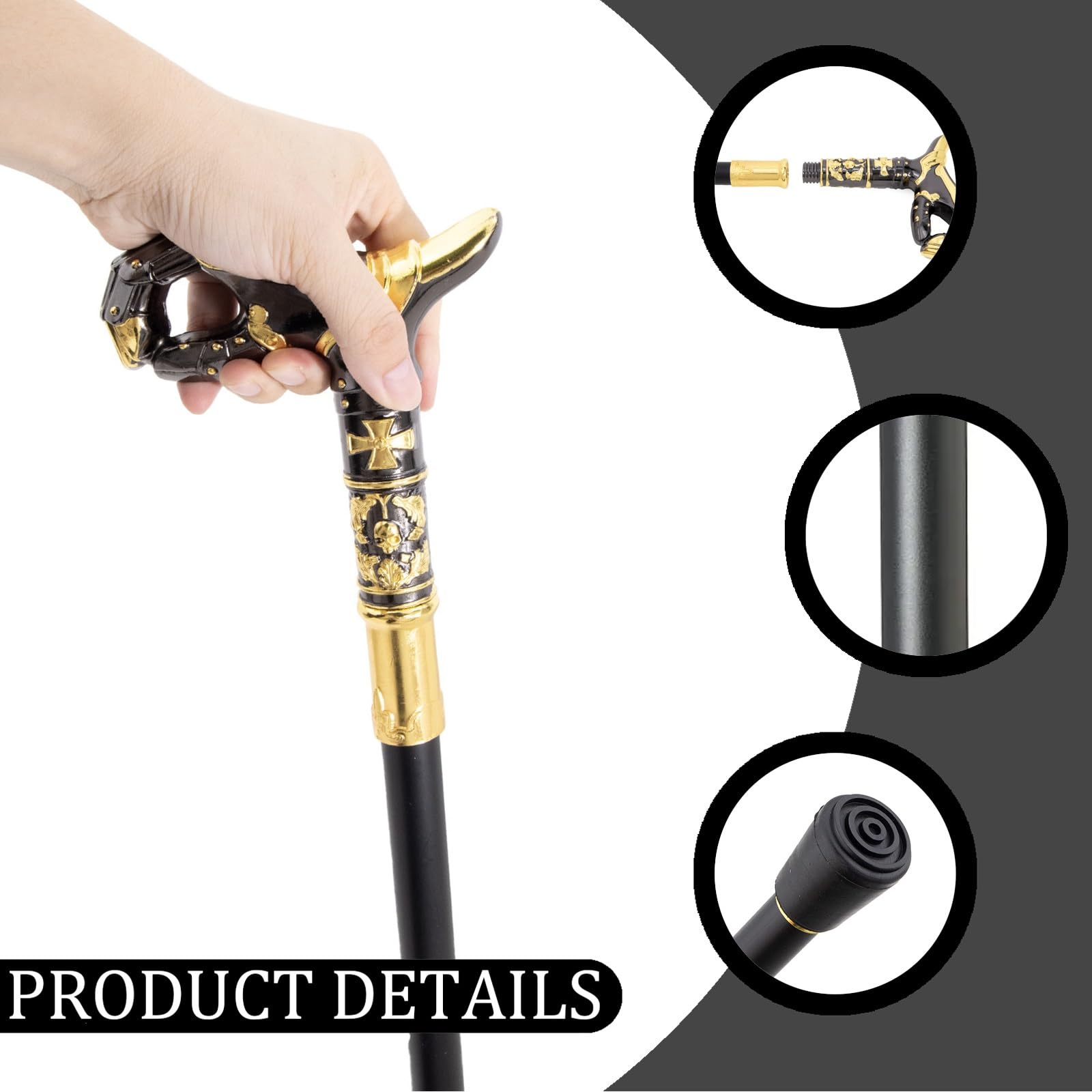 Gehstock Aus Aluminiumlegierung, Massiv, im Vintage-Design, im Viktorianischen Stil, Schlicht, im Antik-Look, Zusammenklappbar, 36,8 Zoll, Mit Metallgriff, für Damen und Herren
