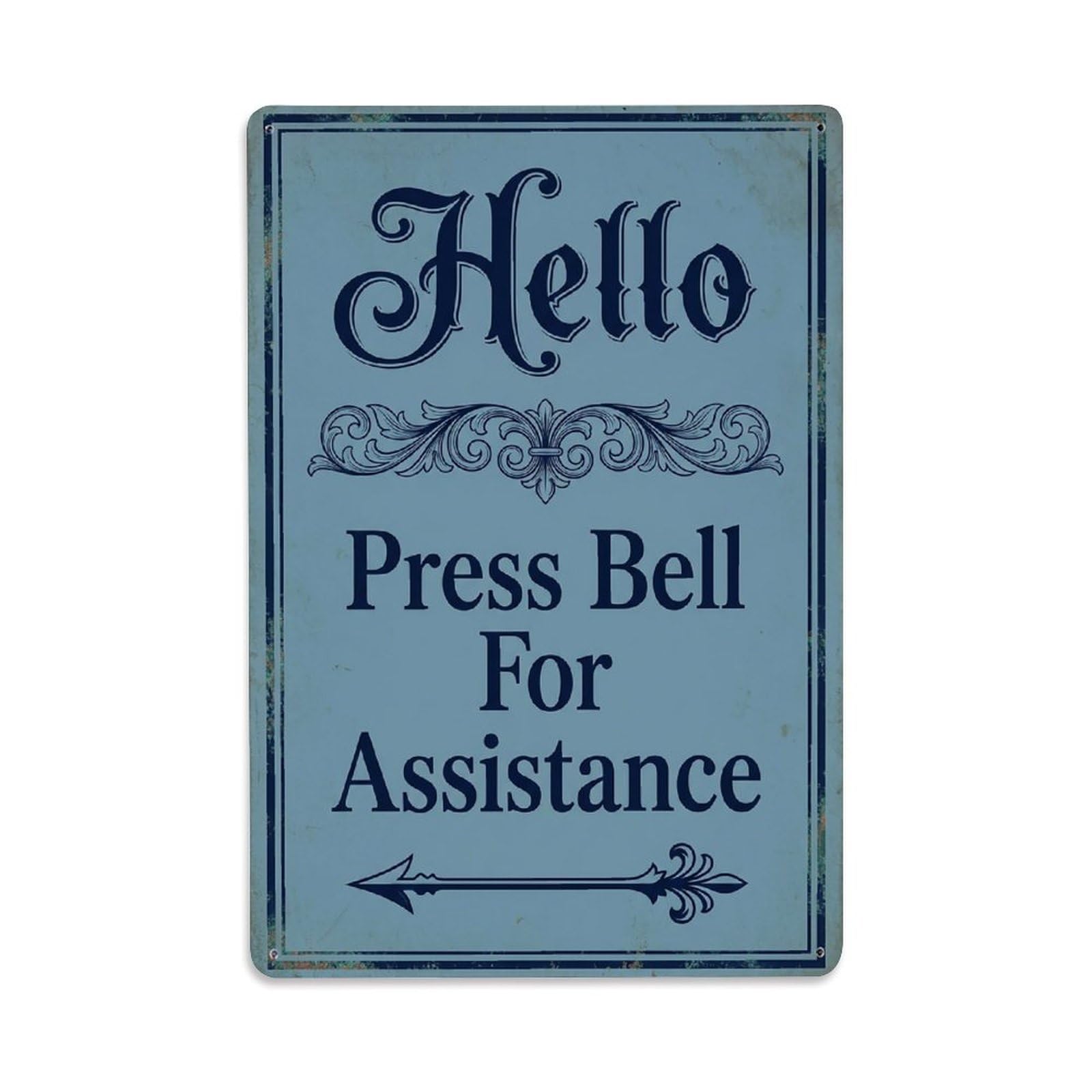 Vintage Hello Press Bell For Assistance Arrow Ornate Metal Tin Sign