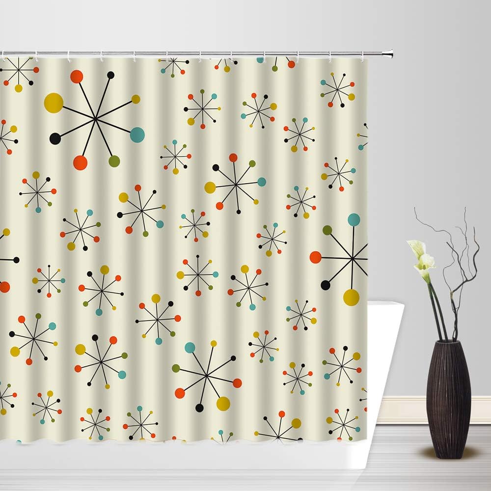 Mid Century Shower Curtain Retro Abstract Geometric Pattern Space 1950S 1960S Iconic Atomic Starbursts Century Modern Sputnik Bathroom Decor Fabric Curtain with Hooks