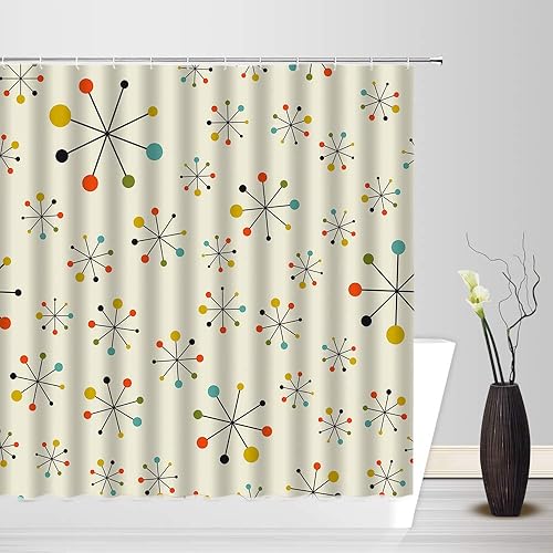 Cortina de ducha de mediados de siglo, diseño geométrico retro absctract Space 1950S 1960S Iconic Atomic Starbursts Century Modern Sputnik, cortina