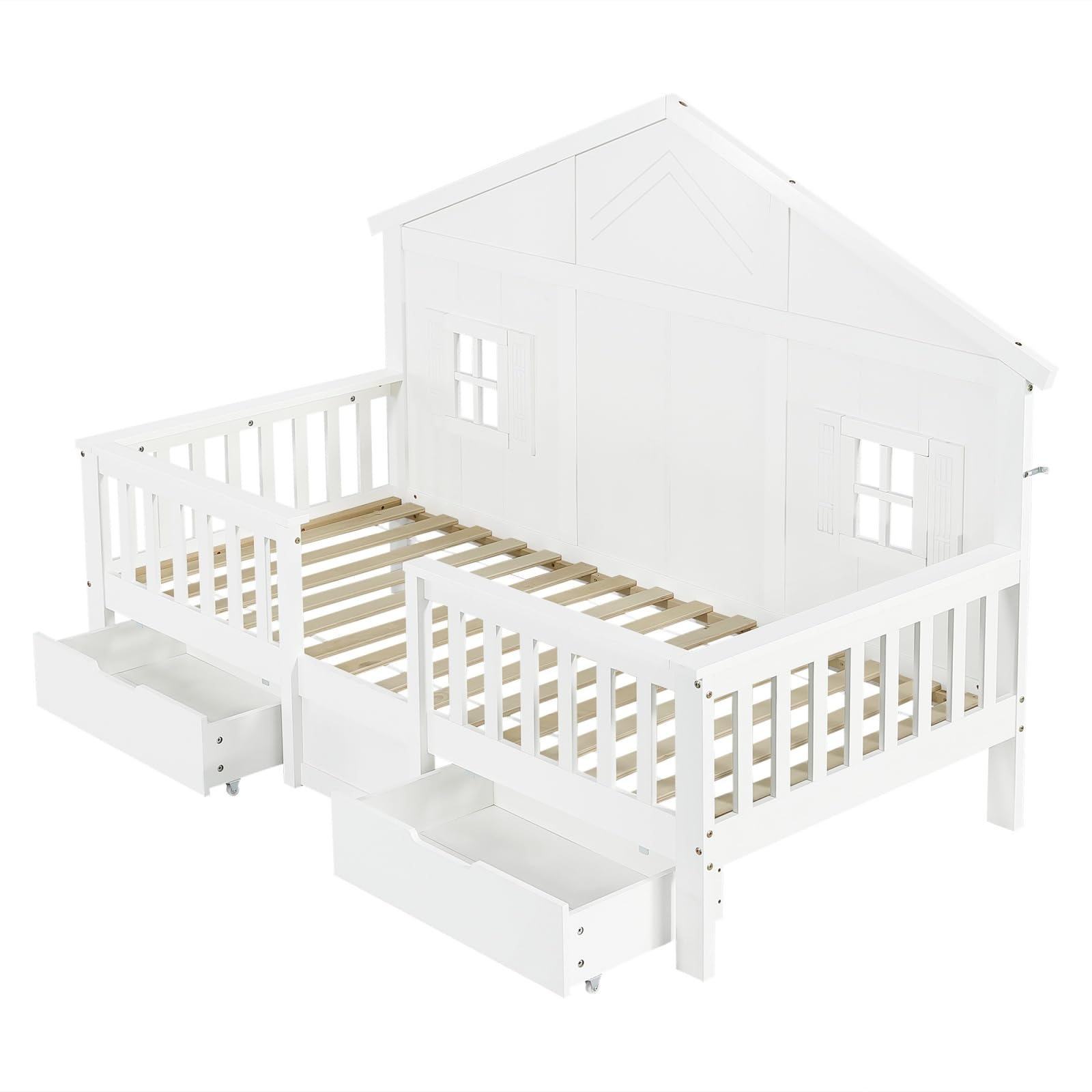 Sweiko Lit pour Enfant de 90 x 200 cm, Cadre de lit en Bois Massif avec barrières de sécurité, tiroirs à roulettes et décor en Forme de Maison, sans Matelas