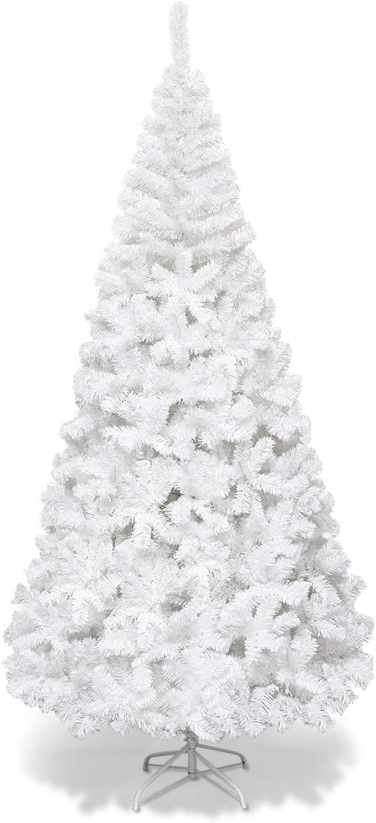 GYMAX Árbol de Navidad Artificial de 210 cm, Árbol de Navidad con Encaje de 950, Christmas Tree Artificial con Soporte de Metal, Material de PVC, Blanco
