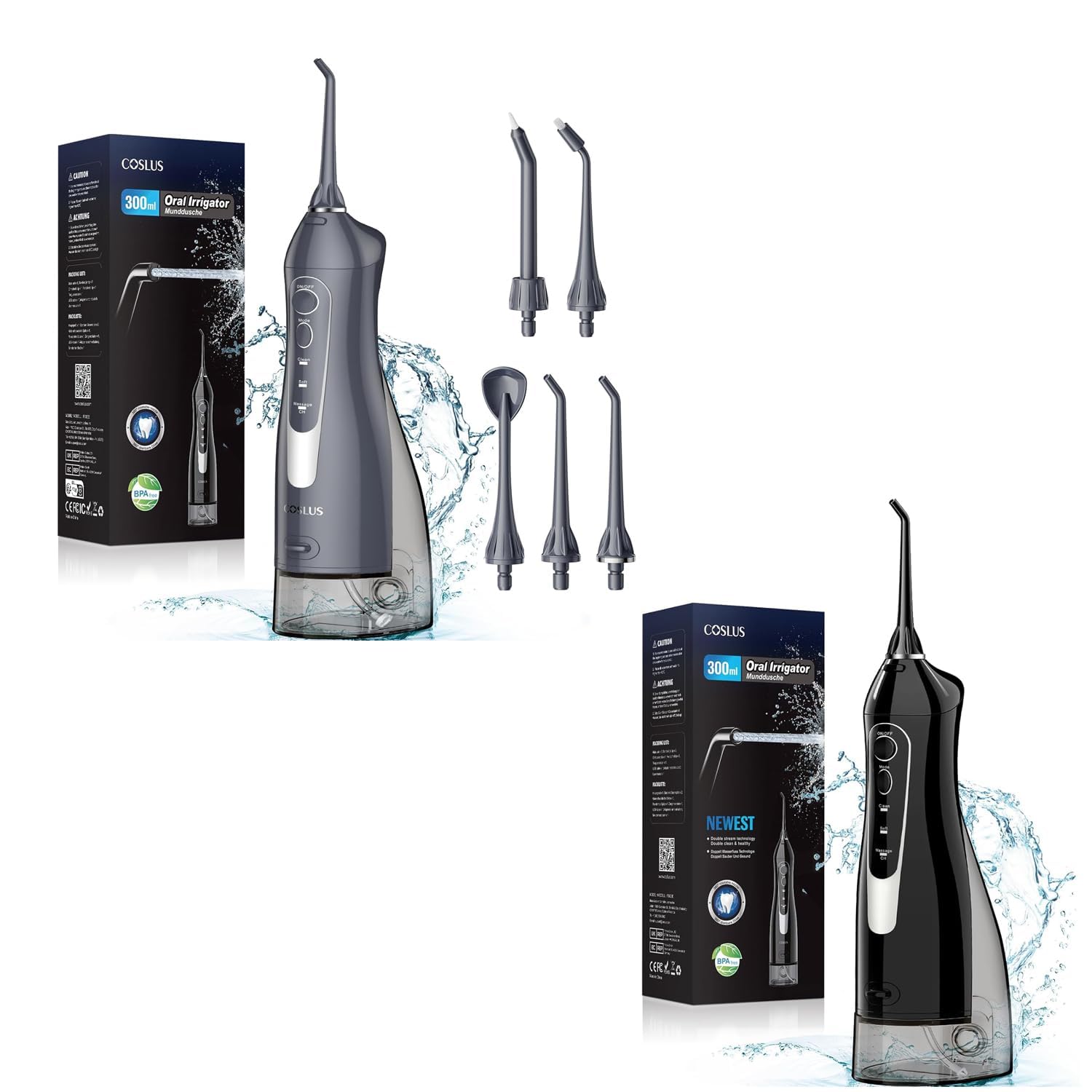 COSLUS Water Dental Flosser Teeth Pick: Portable Cordless Oral Irrigator 300ML Rechargeable Travel Irrigation Cleaner IPX7 Waterproof Electric Flossing Machine for Teeth Cleaning Grey and Black