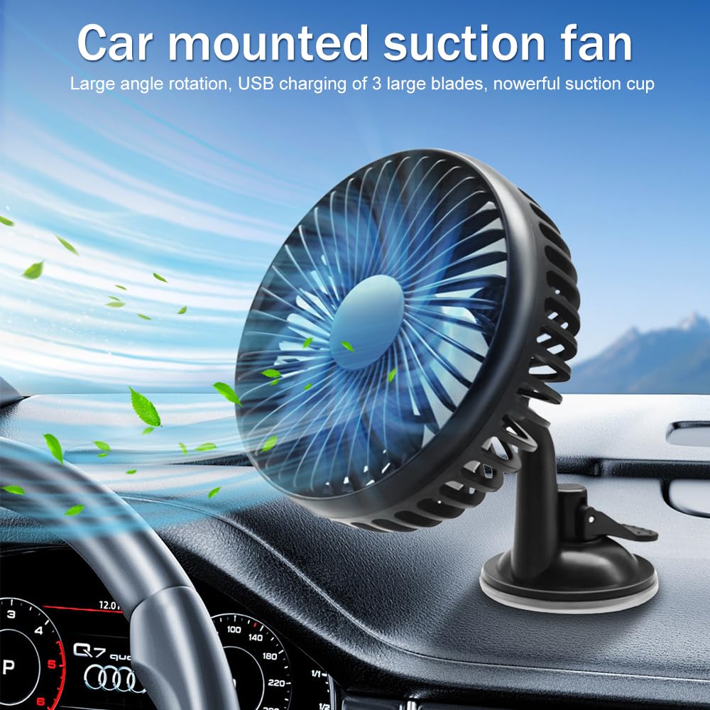 Ventilatore Auto USB, Portatile Ventilatore 360° Ruotabile con Ventosa, 3 Velocità Ventilatori USB Da Tavolo Silenzioso per Cruscotto Auto, Finestra Casa