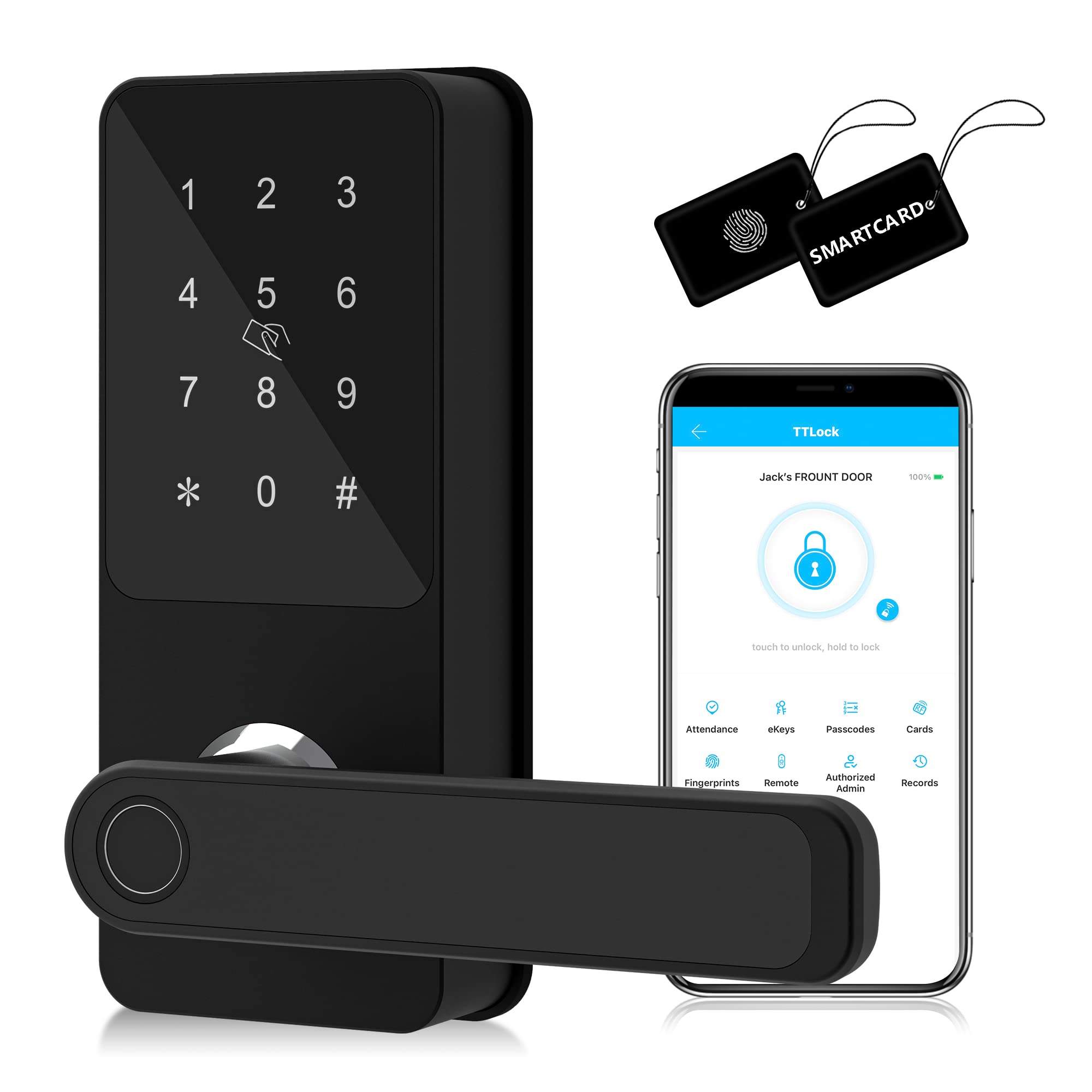 HOTATA Smart Lock, 6-in-1 Keyless Entry Door Lock Fingerprint, Bluetooth, Code, IC Card, Key, Remote