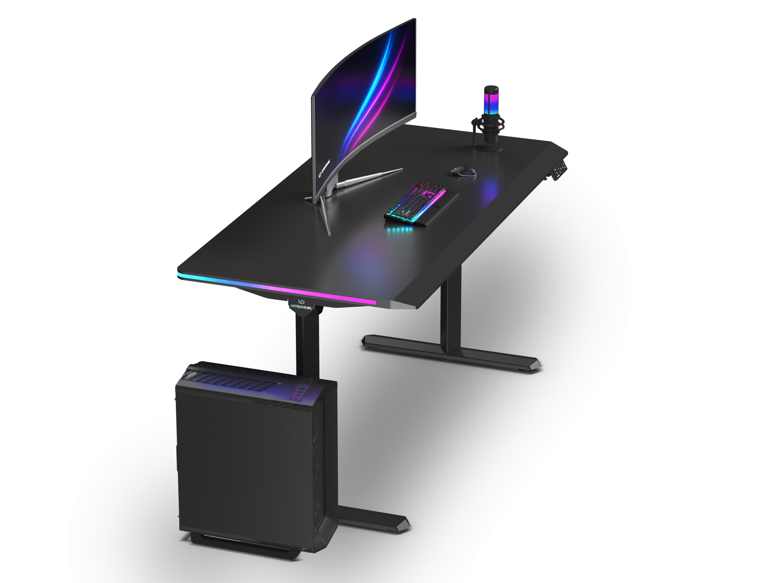 Ultradesk – Scrivania da Gaming Elettrica con Regolazione Seduta-in Piedi, LED RGB PRISMATIC, Mobile da Scrivania Ideale per Gamer, Setup Gaming - QUEST BLACK - L 140 cm, P 70 cm, H 72-120 cm - Nero