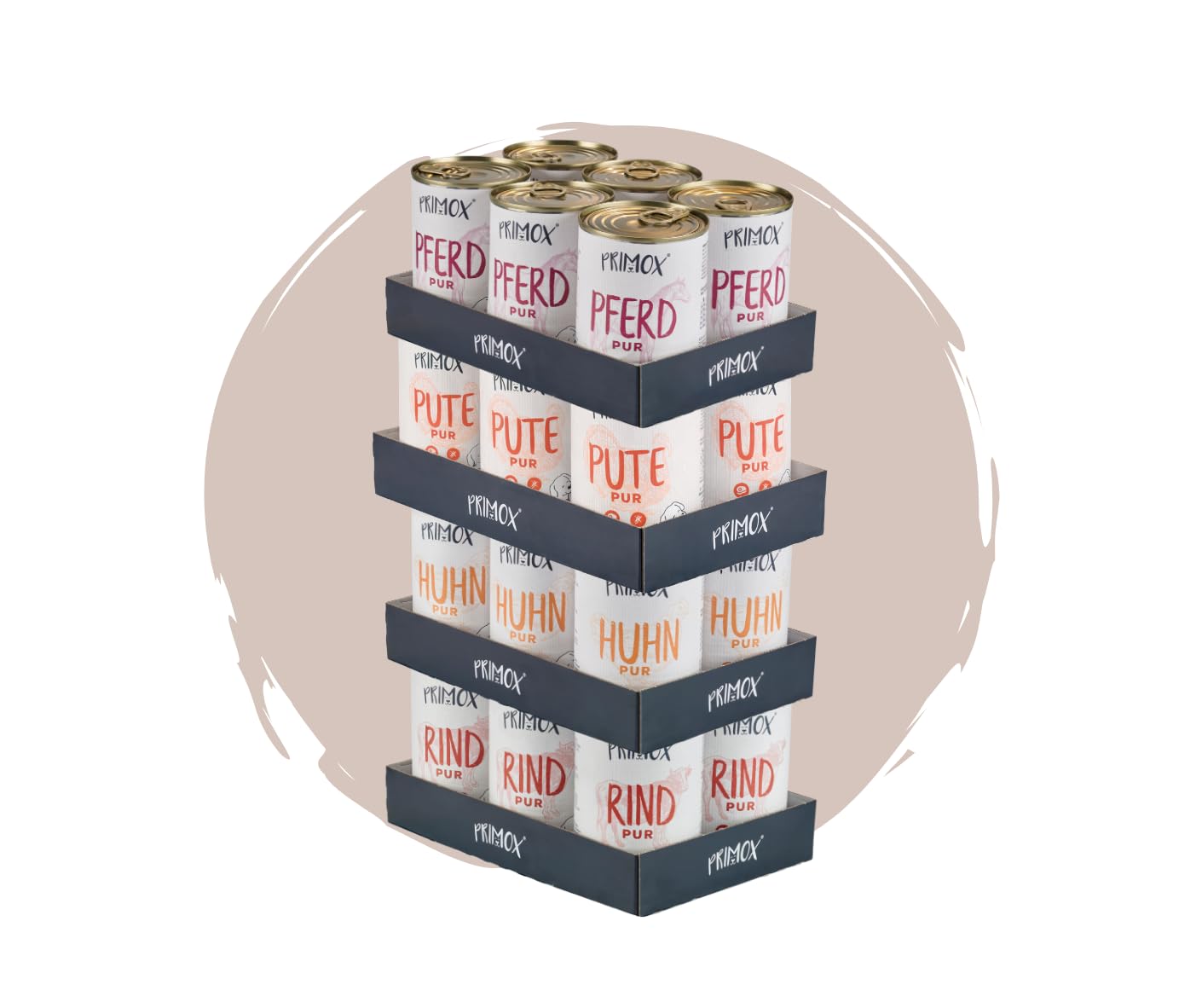 PRIMOX Hundefutter nass PUR Mix 1: Rind, Pute, Pferd & Huhn, 24x 400 g - Natürliches Nassfutter mit 70% Fleischanteil - Monoprotein-Quelle ohne Getreide & Zucker - Mit Tierärzten entwickelt