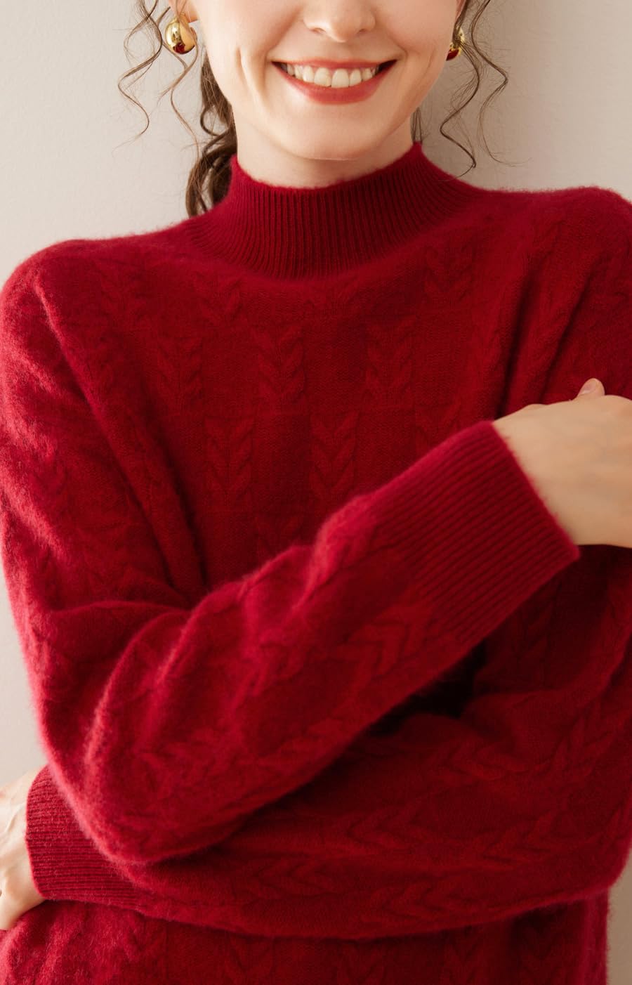 DISSA DF8098 - Maglione da donna in cashmere con colletto alto, a maniche lunghe, in lana di cashmere, motivo a treccia