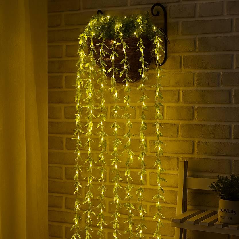 Image of MPROW Artificial Leaf Curtain Lights - 200 LED Warm White Fairy String Lights, 3x1m, Remote Control with 8 Lighting Modes for Home, Wedding, Party, Diwali, Christmas & Festival Decoration