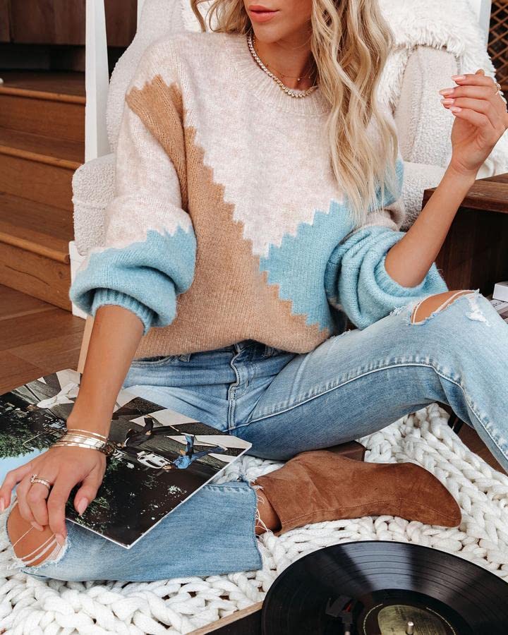 Image of ANCAPELION Women's V Neck Sweater Pullover Leopard Long Sleeve Basic Color Block Jumper Casual Knitted Tops