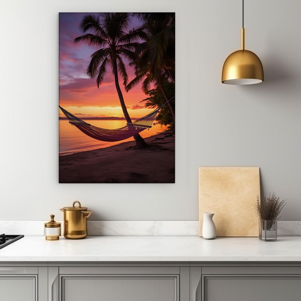 Canvas for Living Room. Sunset Serenity: Embrace The Ultimate Tropical Escape with a Hammock by The Sea, 27 x 18 inch Canvas Wall Art - Contemporary Masterpieces - Botanical Home Decor