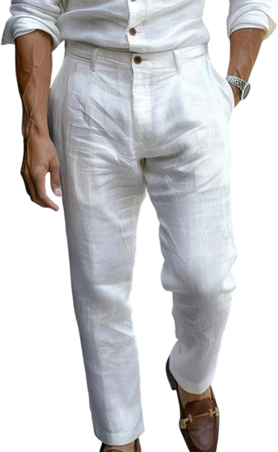 Men's Linen Suit Pants Fashion Solid Color Button Zipper Closure Dressy Casual Wide Leg Sweatpant Work Trousers
