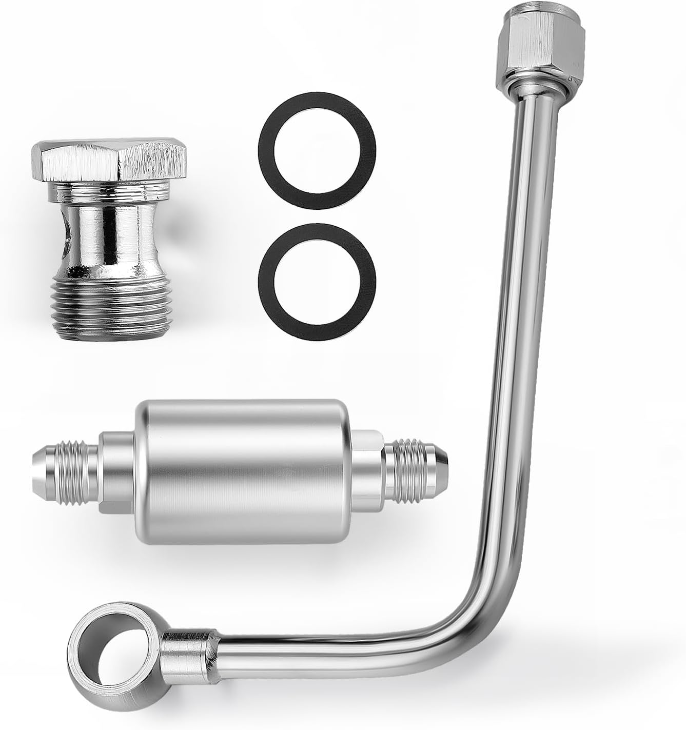 8131 Chrome Steel Fuel Line Kit & Polished Aluminium Fuel Filter w/6 AN male inlet