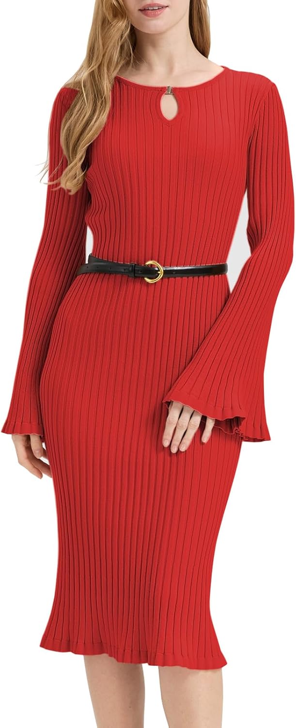 Womens Long Sleeve Midi Dress Ruffle Fitted Casual Work Dress Spring Fall Knit Sweater Dresses for Women