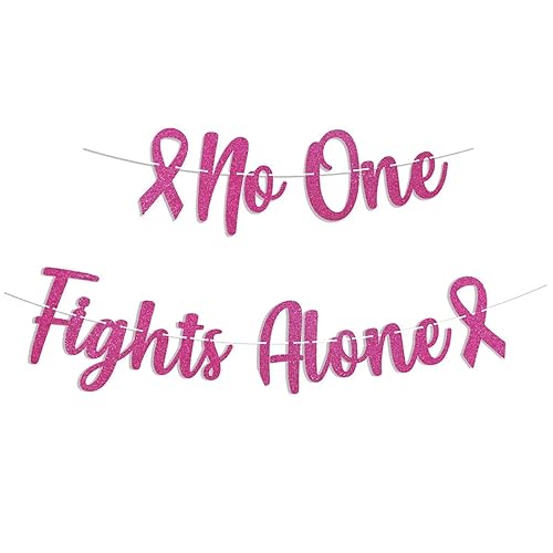 No One Fights Alone Banner - 8.2 Ft Pre-Strung Pink Glitter Sign, Inspirational Cancer Survivor Decor with Built-in Hanging Cord for Awareness Events​