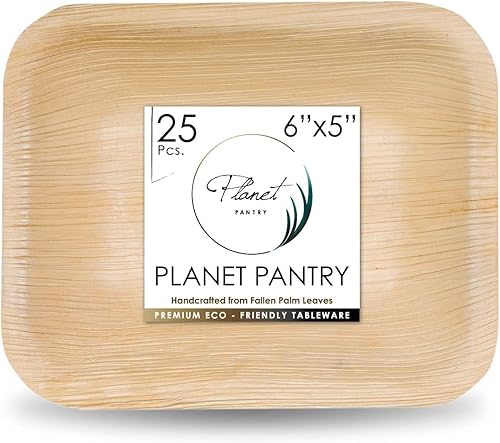 Planet Pantry Plato profundo rectangular desechable de hoja de palmera de 6 x 5 pulgadas (25 piezas) de madera similar al bambú y plástico