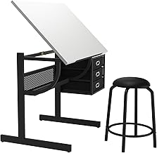 SogesHome 35.4 Inch Drawing Table Adjustable Drafting Table Art & Craft Drawing Desk Folding Painting Table with Stool, 3 Side Drawers, Black&White, NSDCA-CZKLD-029