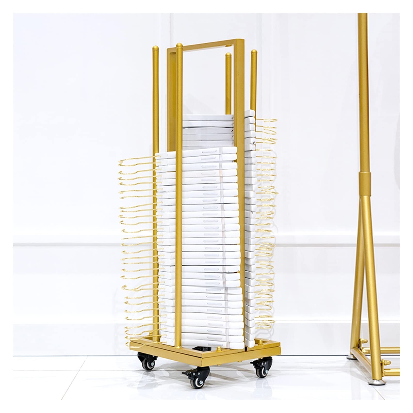 LRZPTDYU Metal Hanger Stacker Cart, 2 In 1 Hanger Organizer Holder With Casters, Portable Clothes Storage Rack For Laundry Room Clothing Store (Color : Gold, Size : 35x30x127cm)