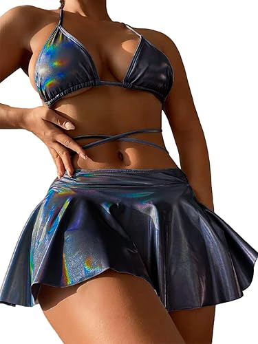 Trajes de baño triangulares de 3 piezas para mujer, conjunto de bikini metálico, traje de baño con tanga con falda de playa, trajes sexys para