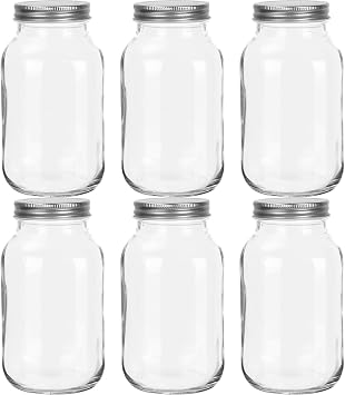6 Pack 32 oz Glass Mason Jars with Screw Airtight Lids,1L Glass Canning Jar
