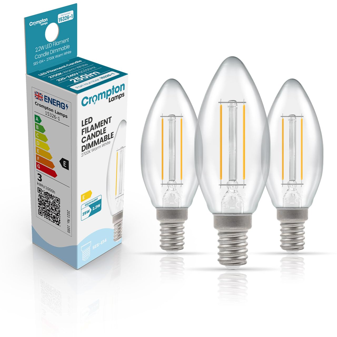 Crompton Lamps Filament Candle LED Light Bulb SES-E14 | 2.2W = 25W Equivalent | Warm White 2700K | Energy Efficient | Small Screw Lightbulb | Long Life 15000-Hrs | Clear Glass | Dimmable | 3-Pack