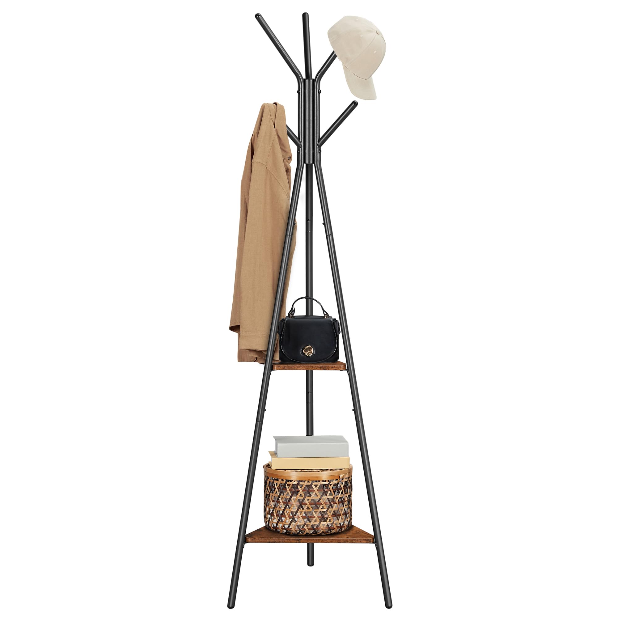 VASAGLE Coat Rack Freestanding, Coat Hanger Stand, Hall Tree with 2 Shelves, for Clothes, Hat, Bag, Industrial Style, Rustic Brown and Black URCR16BX