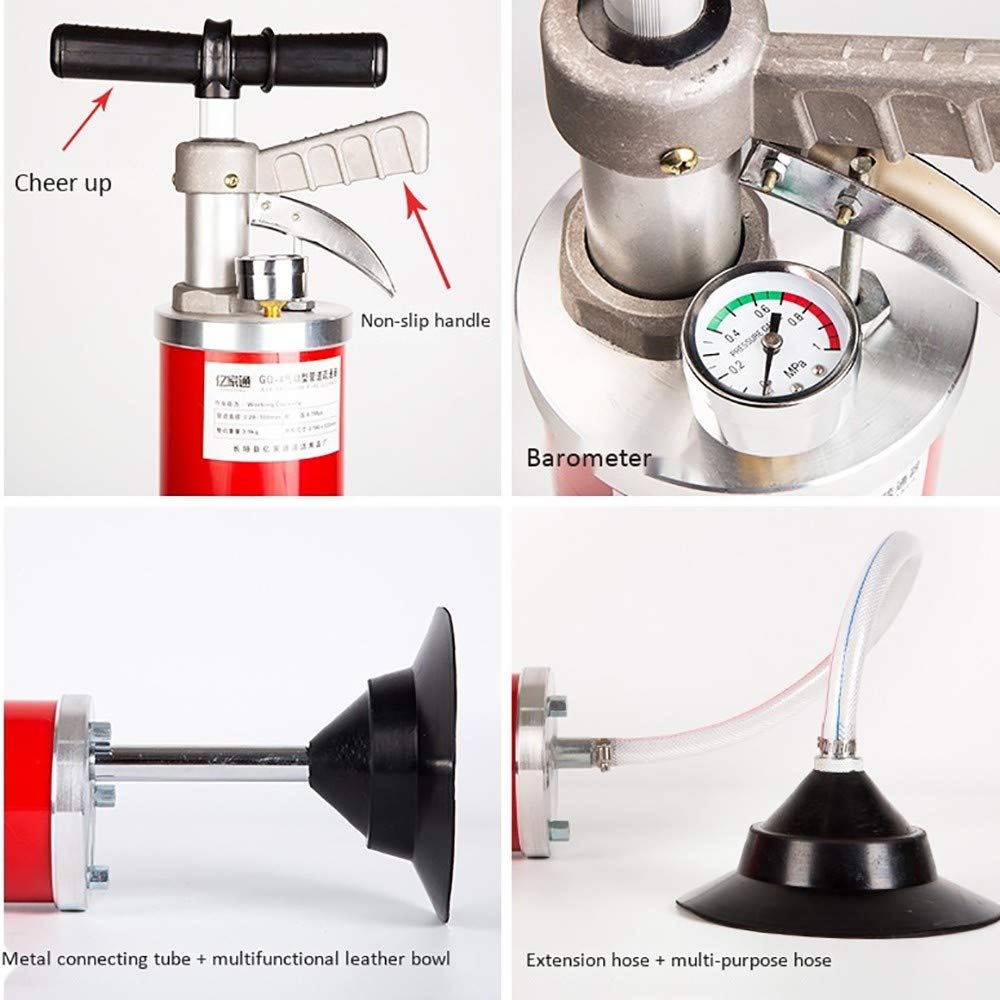 Sturalavandino Ad Aria Compressa Pistone A Alta Pressione Draga Drenatore Scarico Pulitore Pompa con 1 Testa di Conversione per WC Lavello Pavimento Lavabo Bagno