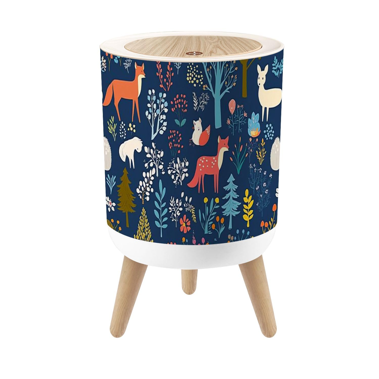 Small Trash Can with Lid Animals Flowers Repeat Patterns Art Children s Fabric Round Press Top Garbage Can with Legs Trash Bin Waste Basket for Kitchen Bedroom Bathroom 7L/1.8 Gallon
