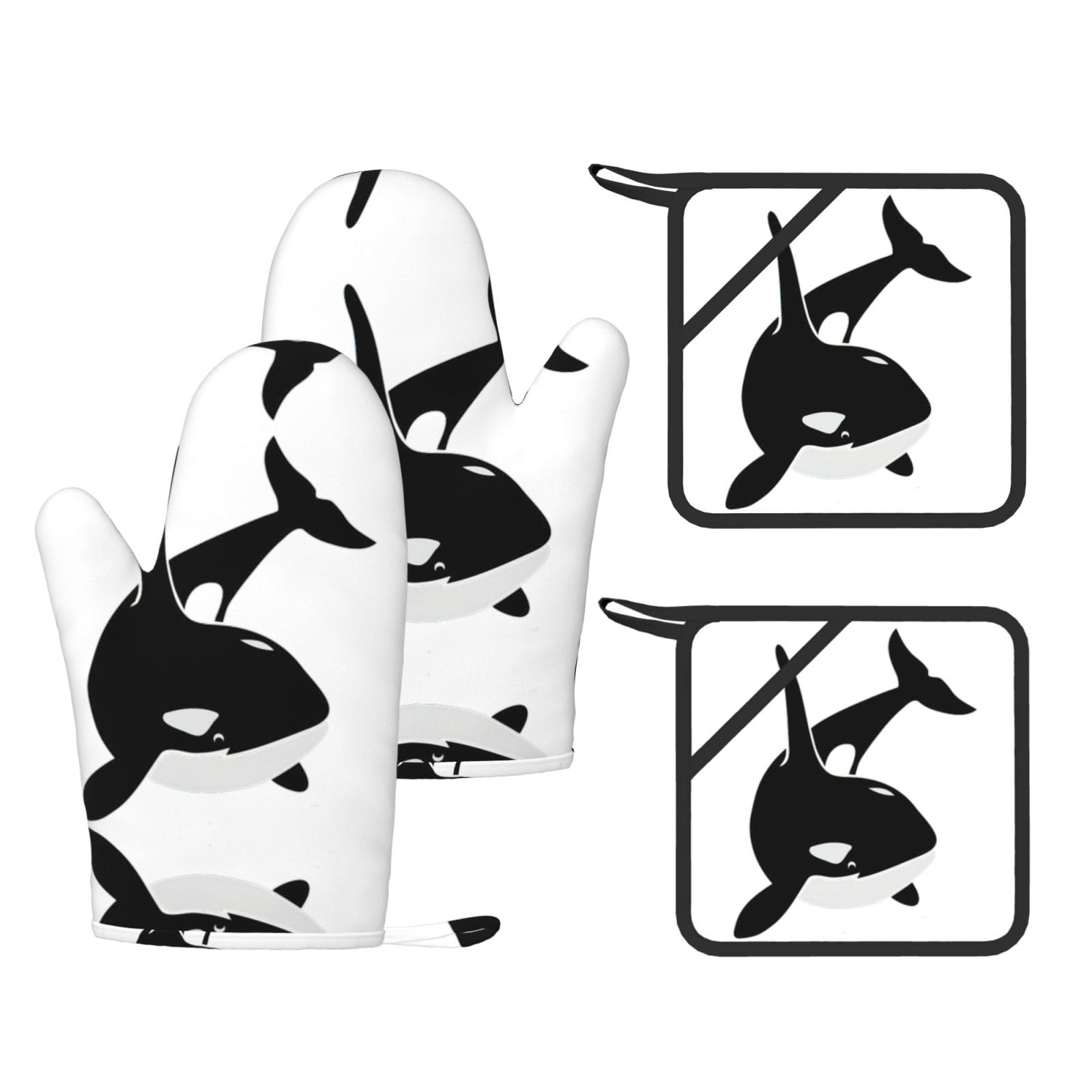 Eeprty Black Killer Whale Dolphin Ocean Printed Kitchen Oven Gloves And Potholder 4 Pcs, Non-Slip Heat Resistant Mitts For Baking Chef