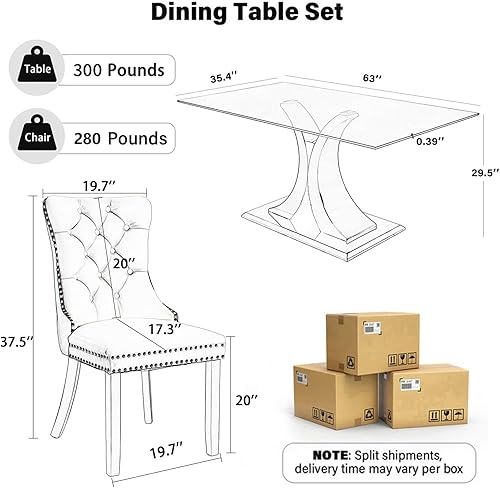 Miniatura 2 de Juego de mesa de comedor moderno de vidrio para 4, mesa de 160 cm de vidrio templado con base dorada estética y 4 sillas de comedor lujosas azules y