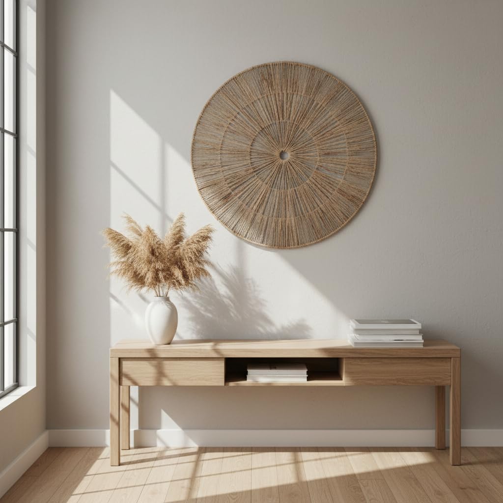Adorno De Pared Circular De Yute Natural 60 Cm Decoración para Salón O Dormitorio Cuadro De Fibra Natural