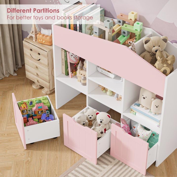 Miniatura 5 de FOTOSOK Organizador de almacenamiento de juguetes con 3 cajones móviles, organizadores de juguetes y almacenamiento con ruedas ocultas y 7