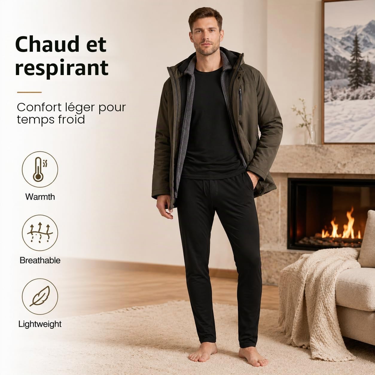 Ensemble sous-vêtements Thermiques Homme doublé Polaire léger Chaud Respirant Extensible Haut Manches Longues et Legging Hiver