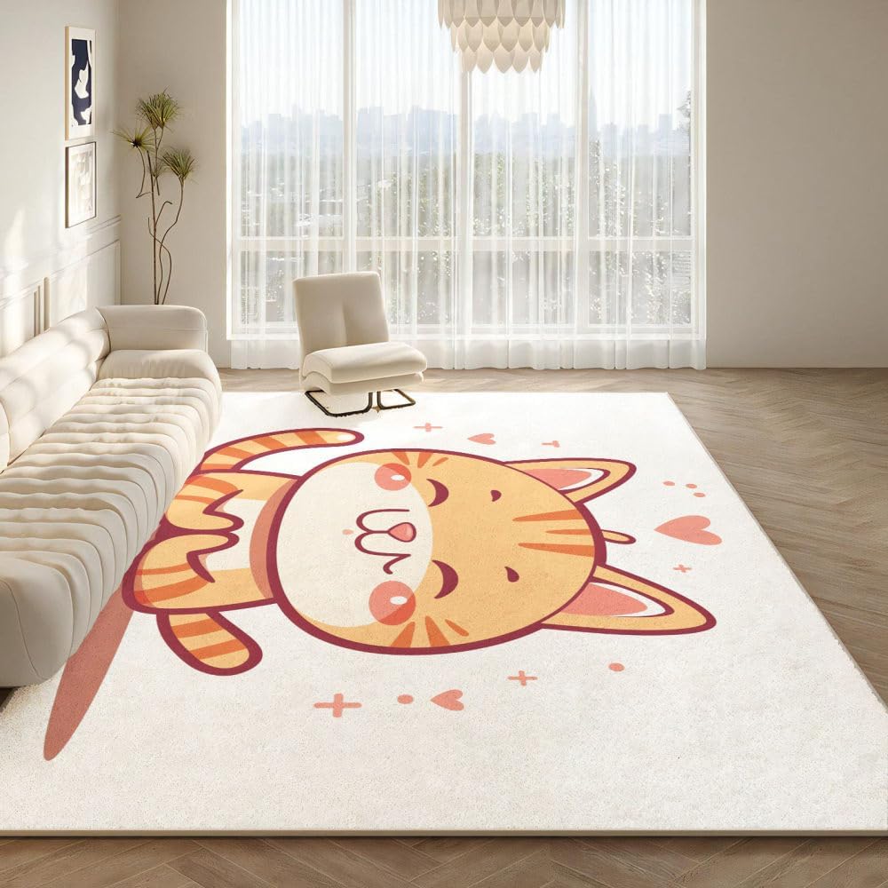 Area Rug Living Room, 6x9 Ft Large Cute Cartoon Cat Washable Low Pile Rug, Non Slip Backing Indoor Floor Throw Carpet for Bedroom Kitchen Dining Room Playroom Office